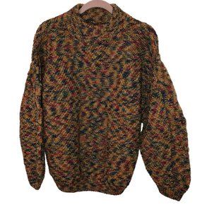 Vintage Hand knit earthy rainbow marl balloon sleeve mock neck sweater X…